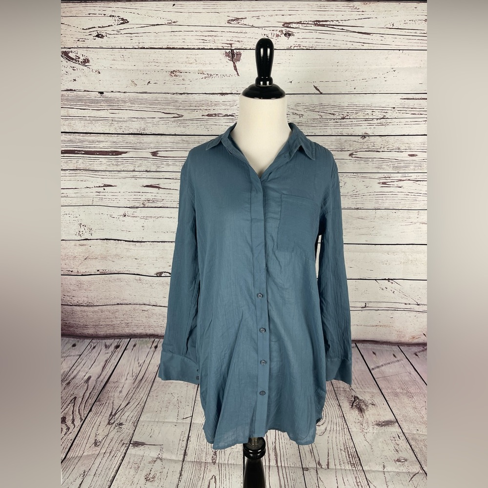 Treasure And Bond Blue Long Sleeve Button Down Blouse Size XS Cotton Solid